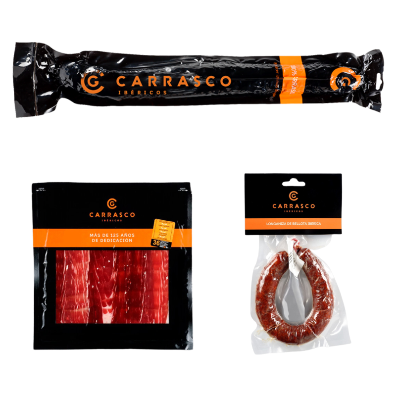 Pack Pieza entera Chorizo Ibérico + Jamón de Bellota 100% Ibérico Carrasco (1 sobre 100 gr) + Longaniza de Bellota 100% Ibérica