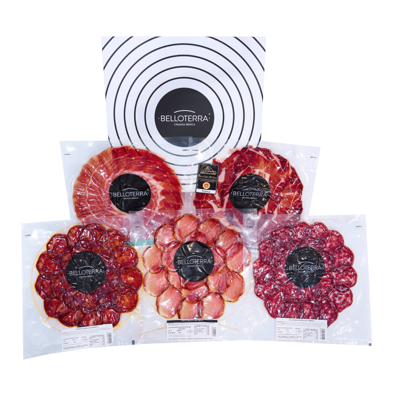 Pack 5 loncheados (Jamón de Cebo de Campo 50%, Paleta 100% Ibérica D.O., Lomo, Salchichón y Chorizo)