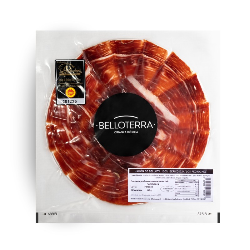 5 sobres Jamón de Bellota 100% Ibérico D.O. Los Pedroches. Bandeja redonda 80 gr.