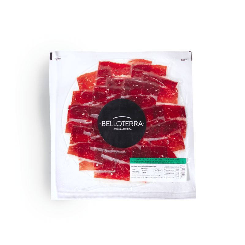 5 Sobres de Jamón de Cebo de Campo Ibérico 50% Raza Ibérica. Bandeja redonda 80 gr.